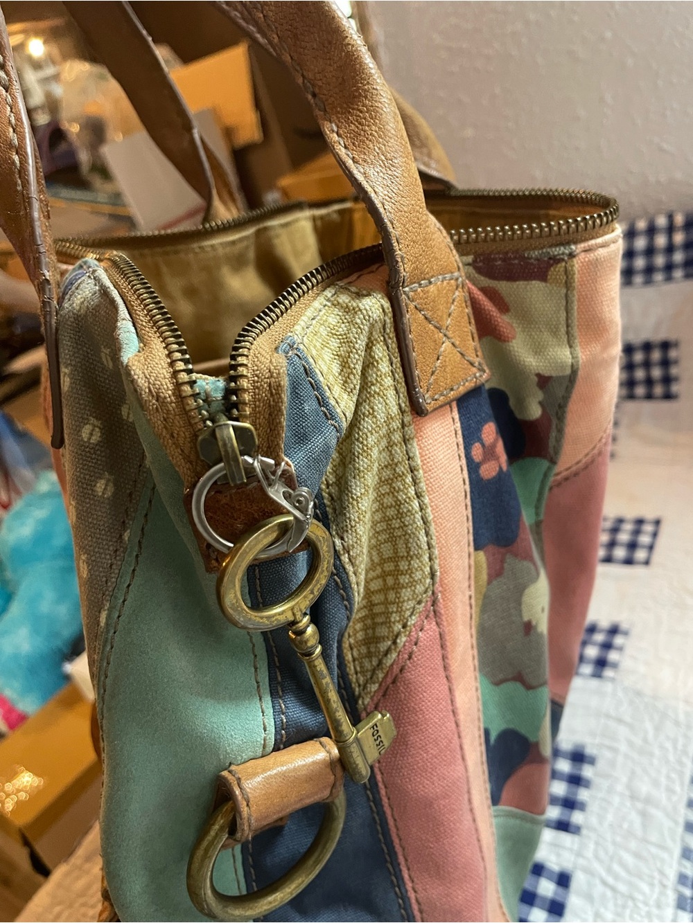 Fossil Patchwork Shoulder Bag in Navy, Coral, Teal & Tan - Picture 8 of 16